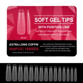 600 Pcs Tips Soft gel OBP, Soft Gel Tips Para Uñas Diferentes Modelos Y Tamaños, DIY, Salón, Boda, Fiesta Extensión de uñas Uso (Extra Long Coffin, Transparente)