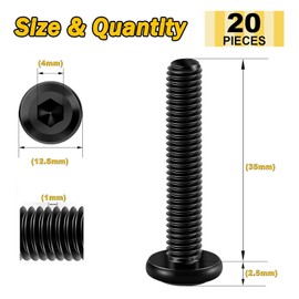 Wavanta 20Pcs M6 Bolts, M6 x 35mm Flat Head Hex Socket Cap Screws Bolts, 304 Stainless Steel Furniture Bolt Full Thread, Black Oxide, with Hex Key
