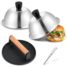 6 Inch Griddle Basting Covers & Smash Burger Press (2 Lids+1 Press), Joyfair Small Cheese Melting Dome with Grill Press for Flattop BBQ Grilling Bacon Patty, Heavy Gauge Stainless Steel & Cast Iron