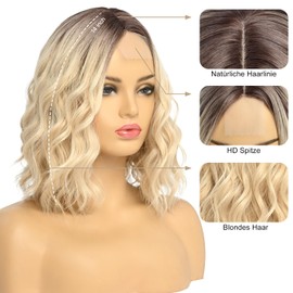 Simkaylee Blonde Wig with Dark Roots for Women Wig Women's Blonde Curls Short Hair Short with Lace Front Wig Light Blonde Bob Curly Wavy Middle Parting Wigs Daily Use (36 cm)