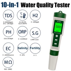 B-Qtech Digital PH Meter for 10 in 1 Pool, PH/TDS/S.G/EC/Salinity/MΩ/H2/OPR/Fertility/Temp Salt Meter with LCD Screen for Drinking Water, Pool, Spa or Laboratory