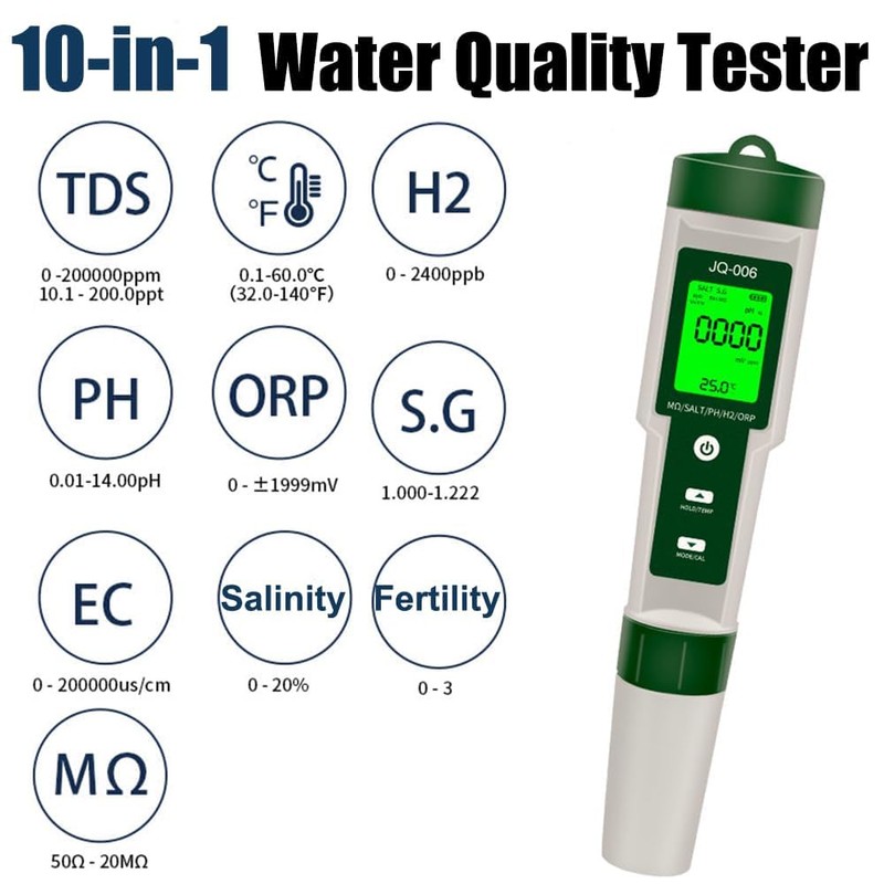 B-Qtech Digital PH Meter for 10 in 1 Pool, PH/TDS/S.G/EC/Salinity/MΩ/H2/OPR/Fertility/Temp