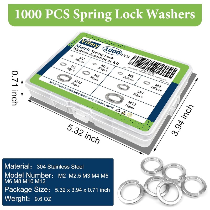 Vifmy Spring Lock Washers Assortment Kit(1000 Pack), M2 M2.5 M3