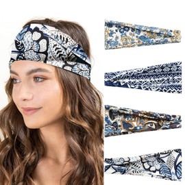WUSJCOF Pack of 4 Women's Hair Bands, Thin, Elastic, Soft Boho Headband, for Yoga, Cosmetics, Sports & Hair Accessories, Summer (7 Inches, Extra Wide) (Multi-Colour)