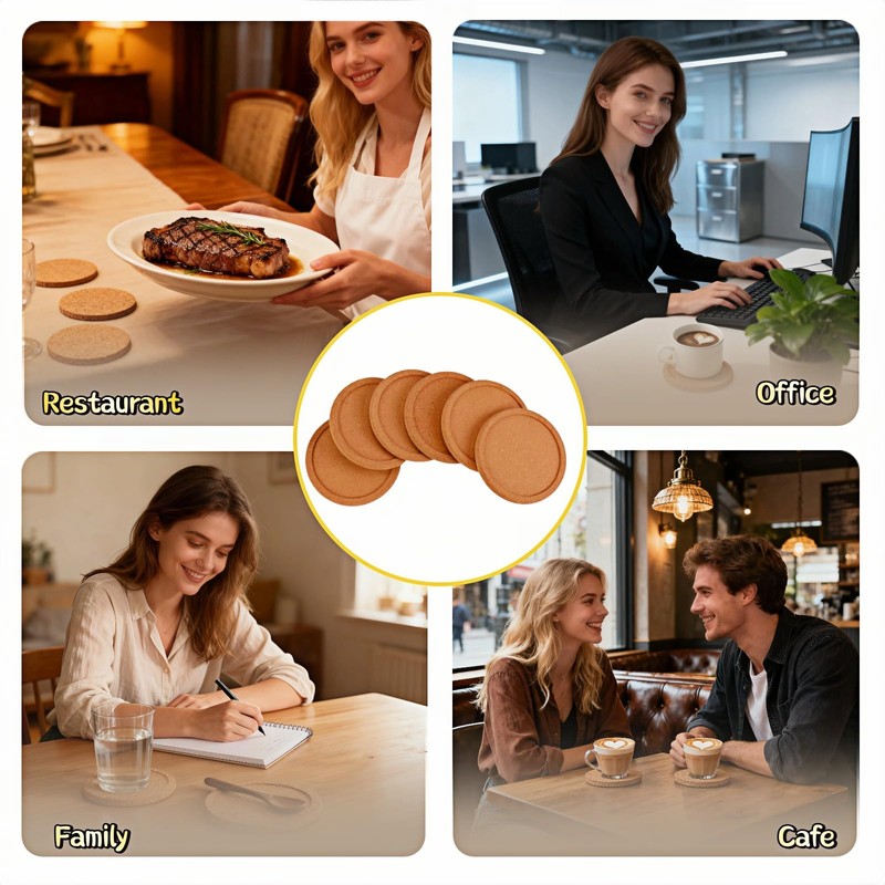 6-Pack Cork Coasters, 4 Inch Absorbent Reusable Beverage Coasters with