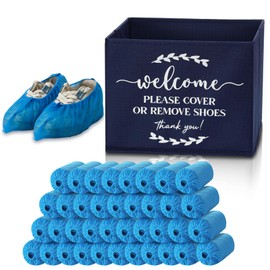 Suzile 200 Pack Disposable Shoe Covers with Shoe Covers Dispenser Box Waterproof Shoe Booties Disposable Non Slip Shoe Cover Box for Guests Indoor Open House Supplies(Dark Blue)