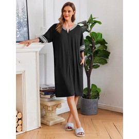 Ekouaer Women Black Bathrobe Cozy Short Zipper Robes Summer Robe Knee Length Light Robes Lightweight Housecoat Nightwear Black S