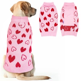cyeollo Dog Valentines Sweater Heart Pattern Pullover Turtleneck with Leash Hole Holiday Theme Outfit Pet Apparel Sweaters for Small to Medium Dogs Pink