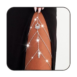 Flovel Boho Layered Body Chain Silver Leaf Thigh Chains Elastic Leg Chain Rave Party Body Jewellery for Women and Girls