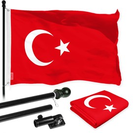 G128 Combo Pack: 6 Ft Aluminum Spinning Flagpole (Black) & Turkey Turkish Flag 3x5 Ft, LiteWeave Pro Series Printed 150D Polyester | Pole with Flag Included