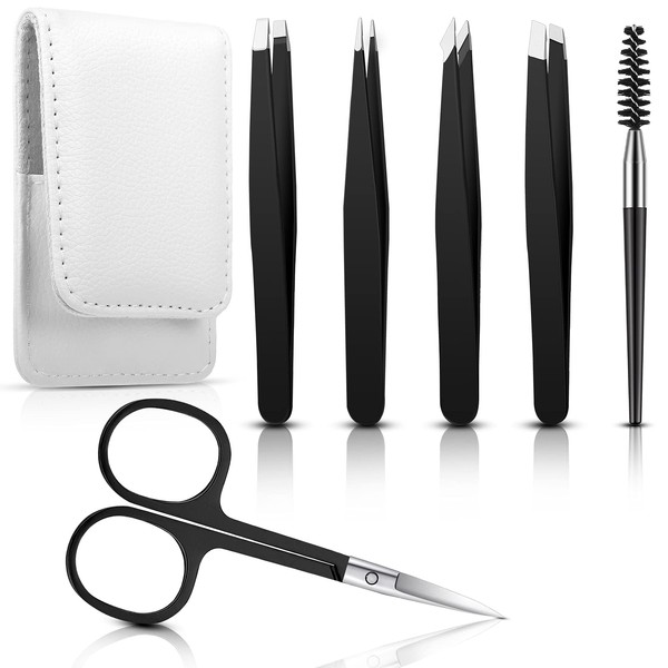 6 Pieces Eyebrow Tweezers Set for women with Curved Scissors Eyelash Brush Stainless Steel Brow Remover Tools Girls Facial Hair Plucking Daily Beauty Tool with Leather Storage Case (Classic Color)
