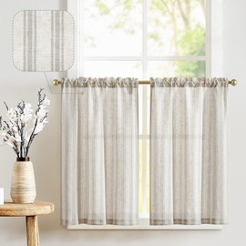 JINCHAN Linen Kitchen Curtains Gray Striped Tier Curtains 24 Inch Cafe Curtains Farmhouse Small Curtains Balanced Stripe Half Window Curtain Light Filtering for Bathroom Laundry 2 Panels Grey on Beige