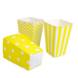 Popcorn Boxes Yellow Cardboard 3 Designs - Chevron/Striped/Polka Dot Popcorn Bags for Birthday Party, Baby Shower, Movie 36PCS