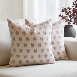 Amor Virisso Set of 2 Floral Block Print Pillow Covers 18x18 Inch, Vintage Flower Decorative Throw Pillowcases Neutral Accent Farmhouse Pillows Home Decor for Sofa Couch Bed, Brown