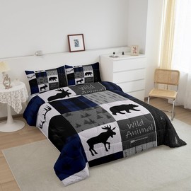 Full Size Bear Print Bedding Set Boys Girls Wild Animal Comforter Set for Kids Women Men Soft Rustic Cabin Country Comforter Blue Grey Duvet Set Room Decor Quilt Boys
