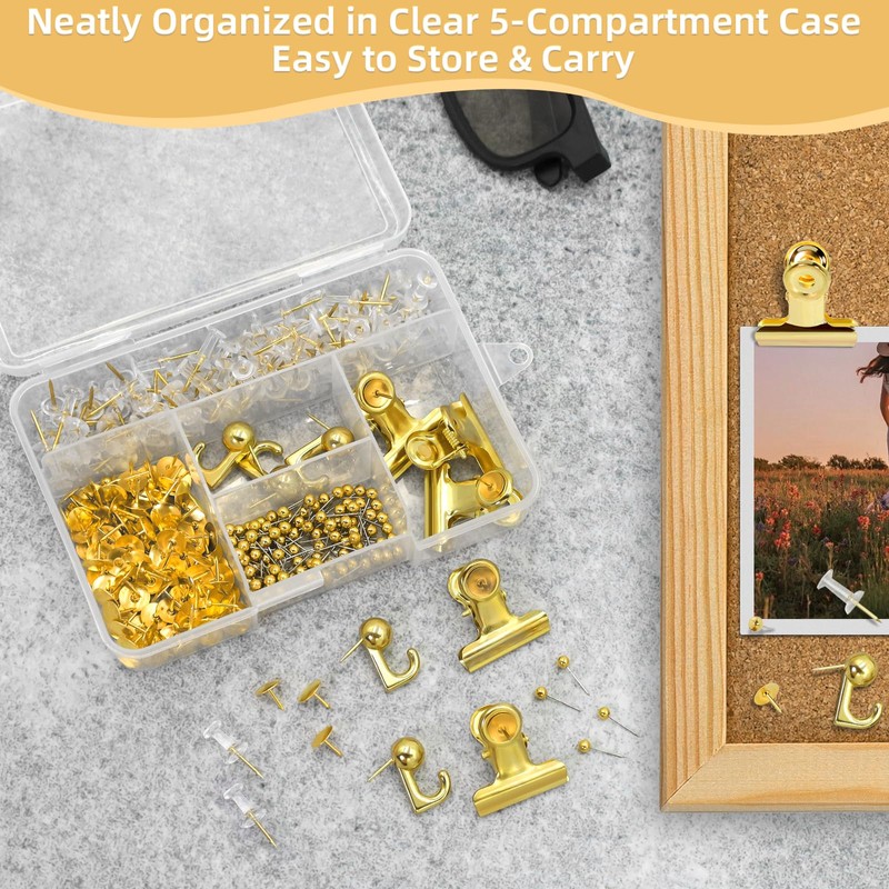 Gold Push Pins Set, 310 Pcs Decorative Thumb Tacks for