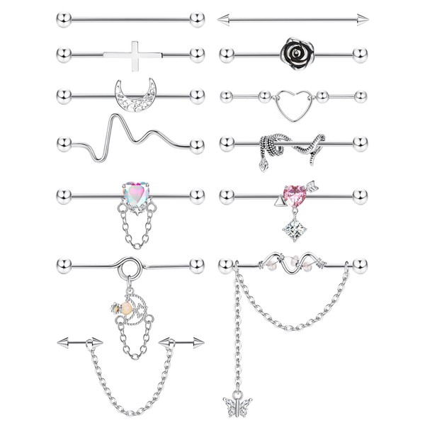 ORAZIO 13PCS Industrial Piercing Jewelry Surgical Steel 14G Industrial Earrings Barbell With Chain Snake Moon Cartilage Helix Piercing Earrings Industrial Bar Jewelry For Women Men-13S
