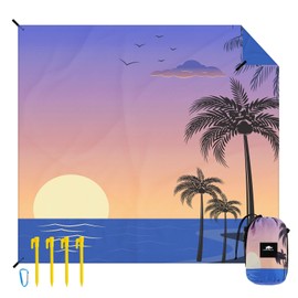 Rhino Valley Beach Blanket, Sandproof Beach Mat with Carrying Bag & 4 Stable Stakes, Quick Drying Outdoor Picnic Mat for Sand Travel Camping Hiking, Purple Sunset(7 * 8FT, Fit 4-5 People)