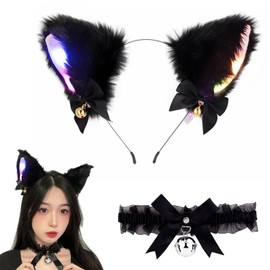 LEISURE CLUB Halloween Cat Ears Headband Glowing Black Choker with Bell Cute Cat Mimi Cosplay Accessory for Adults and Children, Cute Hair Ornament, Bangs, Painless, Halloween, Party, Costume (Black)