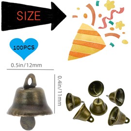 Craft Small Bells, 100 PCS Bronze Jingle Bells, Vintage Brass Bells with Spring Hooks Hanging for Vintage Wind Chimes Housebreaking Doorbell Wedding Decor 1.7 x 1.5 Inch