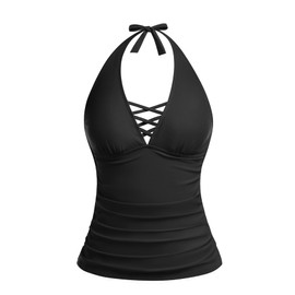 Womens Halter Tankini Tops Only - V Neck Tummy Control Swim Top Lace Up Bathing Suit Ruched Top Only No Bottom 2025 Black