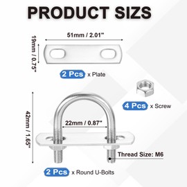 PATIKIL Round U-Bolts, 2 Pcs 0.87"(22mm) Inner Width 42mm Length M6 with Nut Plate Washer 304 Stainless Steel Round Bend U-Bolts for Boat Trailer Axle Sailboat