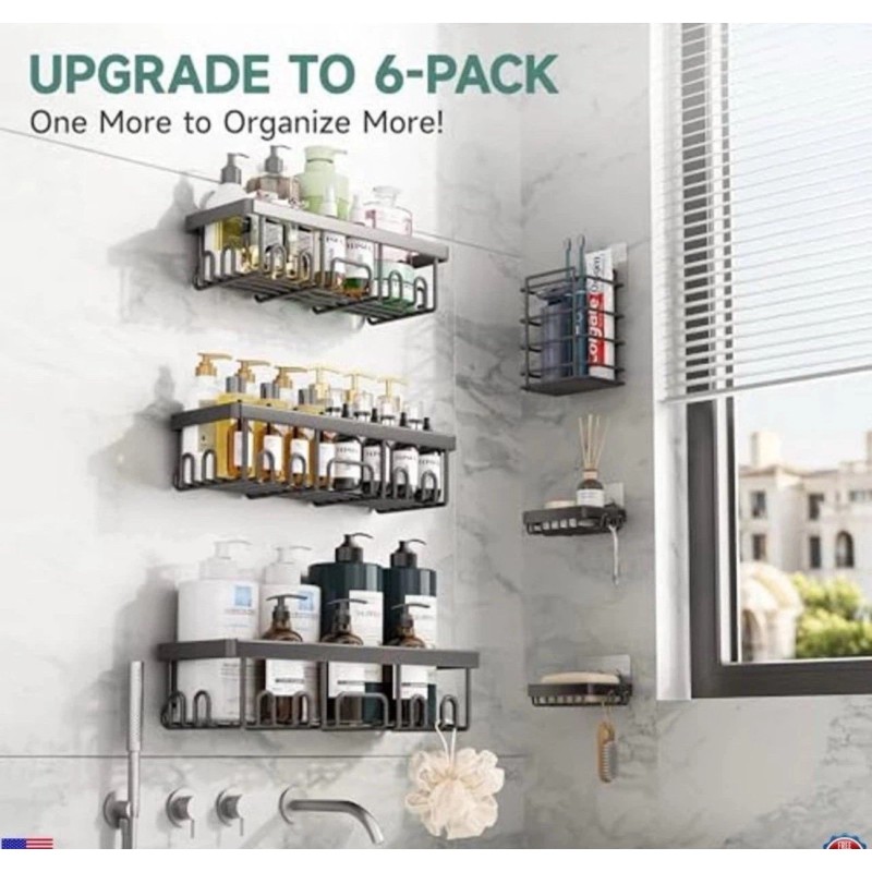 Veken Rustproof Waterproof Shower Caddy 6-Pack, No Drill Adhesive Shelves