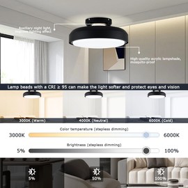 Klmeiday Modern Bladeless Ceiling Fans with Lights and Remote, Reversible, DC Motor 6 Speeds, Stepless dimming and CCT 3000K-6000K LED Lights for Bedroom Kids Room (A10-Black, 17.72IN)