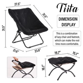 Tiita Folded Chair with Ottoman, Soft Faux Fur Oversized Folding Accent Chair,Lounge Lazy Chair, Metal Frame Moon Chair for Bedroom, Living Room, Dorm Rooms, Garden and Courtyard