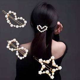 PACTIV 3 pcs Golden Crystal Hair Clips for Women, Elegant Heart-Shaped Faux Pearl Hair Clips - Pearl Hair Clip White Stone Decor Hair Clip For Women & Girls 1 count (Pack of 3) Multicolor