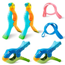 4 Pack Beach Towel Windproof Clips, Blue Parrot Towel Clips for Beach Chairs, Jumbo Size Clothes Pegs with 2 Pieces Beach Towel Bands in 2 Color for Beach Chairs Cruise Quilt Blanket Home Patio Pool