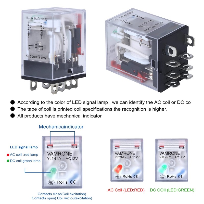 2PCS Electromagnetic Power Relay, 8-Pin 10A 12 AC Relay Coil