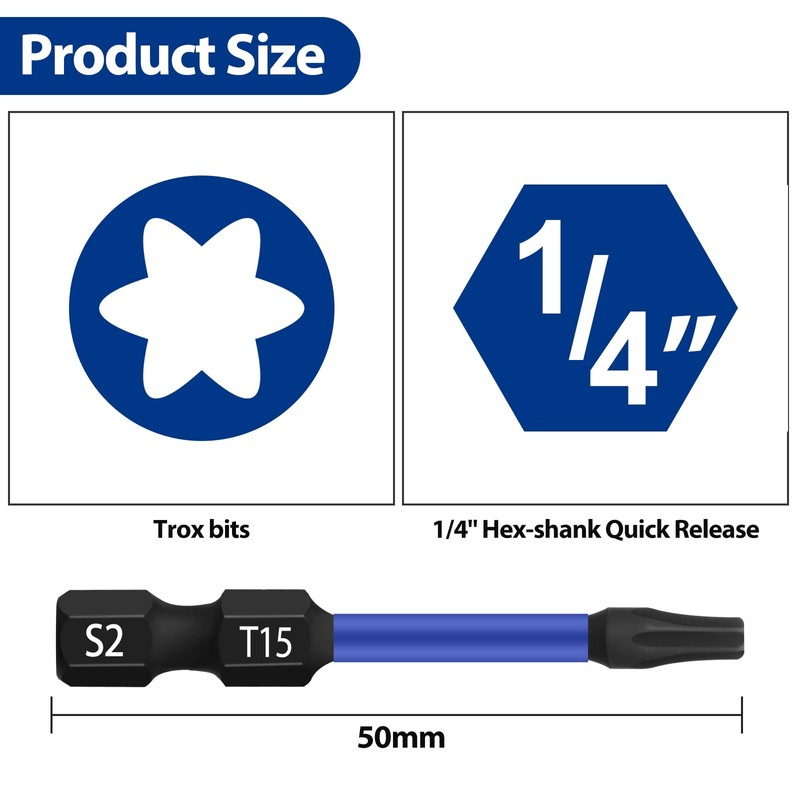 HPHOPE T15 Bit, Torx Bits T15, Bit Assortment, Length: 50