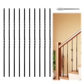 Muzata 10P 44" Hollow Satin Black Iron Double Twist Metal Balusters 1/2" Wrought Iron Balusters for Staircase Interior Square Spindles Decorative Stair, WT14
