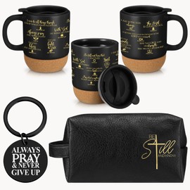 Dansydaisy 3 Pcs Christian Gifts for Men 13.5 Oz Ceramic Cup Wooden Bottom Mug with Lid Religious Leather Toiletry Bag Inspirational Keychain Man of God Gifts for Father Day Pastor
