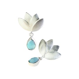 925 Silver Plated Brass Earrings with Natural Aqua Chalcedony - Lotus Flower Earrings with Turquoise Stone for Women Wedding, Sterling Silver, Chalcedony