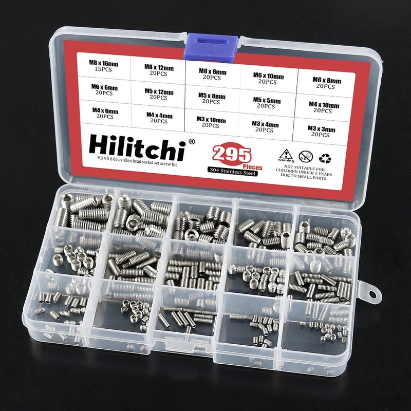 Hilitchi 295Pcs M3/4/5/6/8 304 Stainless Steel Set Screw Assortment with