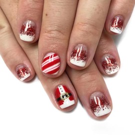 Christmas Press on Nails Short Square Fake Nails with Red White Ombre Stripes Glitter Designs Xmas Short Glue on Nails Press ons Acrylic False Nails for Women 24 Pcs