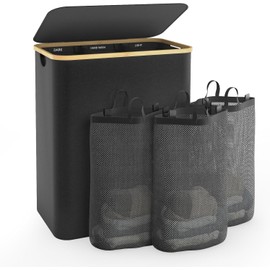 Hampers for Laundry Basket with Lid, 160L Extra Large 3 Section Clothes Divided Organizer for Bedroom, Laundry Room, Dirty Clothing Hamper, Black