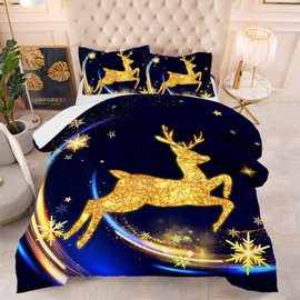 XMNTG Microfiber Christmas Golden Reindeer Snowflakes Comforter 3 Pieces Comforter Set Soft Fluffy Lightweight Bedding Set with 1 Comforter and 2 Pillow Shams (Yellow Purple, King)