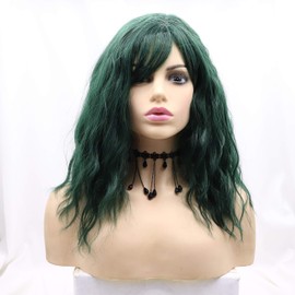 Xiweiya Wigs Short Bob Dark Green Curly Wavy None Lace Synthetic Wig with Bangs Full Machine Made Cici Hair Heat Resistant Fiber for Women, Drag Queen Cosplay Christmas Dress up14 Inches
