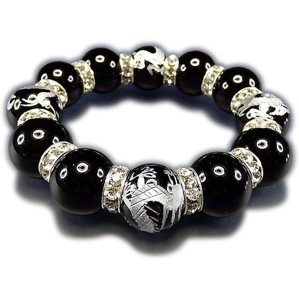 Ishigai, Super Large Ball, 0.7 inch (18 mm), Onyx, Four Gods, Hand Carved, Luxury Rondelle Prayer Beads Bracelet, Stone