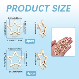 SOFPLATE 1 Box 8Pcs 2 Sizes Big Star Carabiner Star Shaped Keychain Clip Bulk Alloy Gold Large Heavy Duty Spring Gate Rings Snap Hook Clasp for Keyring Handbags Purses Lanyards DIY Crafts Supplies