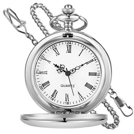 Tiong Vintage Silver Smooth Steel Pocket Watch with Chain Roman Numerals Silver Men's Quartz Pocket Watches for Men