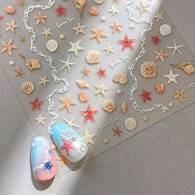WENYUEN Nautical Nail Stickers Starfish, Seashells, Wave Pattern, Clear Film