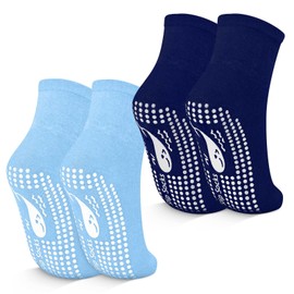 TENQUAN Non Slip Yoga Socks Anti Slip Yoga Socks with Grips for Pilates Grippy Cotton Socks for Home Hospital Workout Sports (2 Pairs Blue, Unisex S (UK 3-5 / EU 35-38))