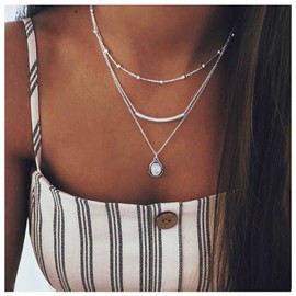Yheakne Boho Layered Opal Moonstone Necklace Choker Silver Carved Bar Necklace Tube Necklace Vintage Multi Layer Necklace Chain Jewellery for Women and Girls, Metal, Moonstone, opal