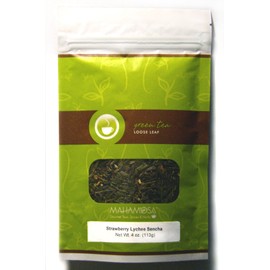 Mahamosa Flavored Green Tea Blend and Tea Filter Set: 4 oz Strawberry Lychee Sencha Green Tea, 100 Loose Leaf Tea Filters (Bundle- 2 items)(Tea ingredients: Green tea, flavoring, freeze-dried strawberry pieces, jasmine blossoms, rose petals)