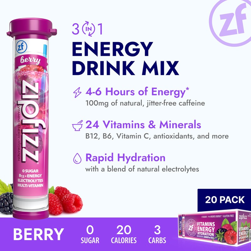 Zipfizz Daily Energy Drink Powder, Berry, 20 Pack | 3-in-1