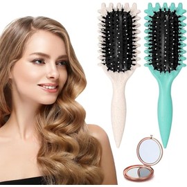 Cepillo para rizos, Cepillo Para Cabello Rizado Para Mujeres,cepillo de estilo de pelo rizado con bordes esquinas y espejo de maquillaje plegable,para peinar y dar forma a los，3Pcs. (Verde y blanco)